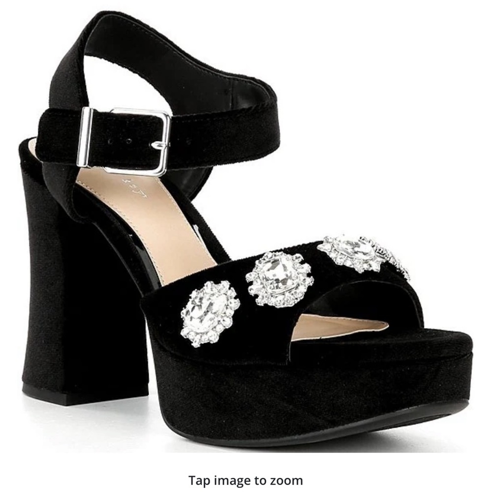 Copper Key Black Platform Sandals with Silver Embellishments